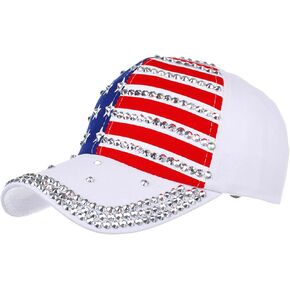 Soochat 4th of July Cap American Flag Baseball Cap Sparkle Rhinestone USA Flag Hip Hop Hat for Women Men