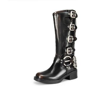 DREAM PAIRS Women's Knee High Riding Boots Slip On Motorcycle Boots Square Toe Chunky Heel Fashion Buckles Biker Boots