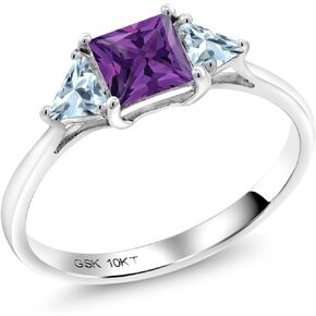 10K White Gold Purple Amethyst and Sky Blue Aquamarine 3 Stone Engagement Ring For Women (0.99 Cttw, Gemstone February Birthstone, Princess Center 5MM, Trillion 3.5MM, Available in size 5, 6, 7, 8, 9)