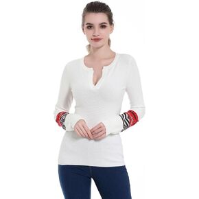 AmélieBoutik Women Notch Neck Long Sleeve Fair Isle Cuff Sweater Top