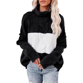 ANCAPELION Women’s Casual Sweater Pullover Winter Cozy Long Sleeve Turtleneck Jumpers Color Block Knit Pullover Top Loose Fit