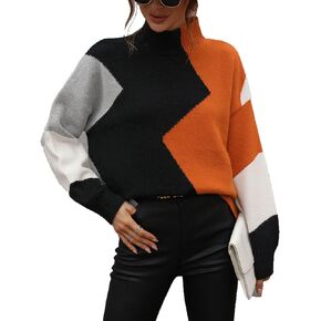 Women's Sweaters Casual Long Sleeve Crewneck Color Block Patchwork Pullover Knit Sweater Tops