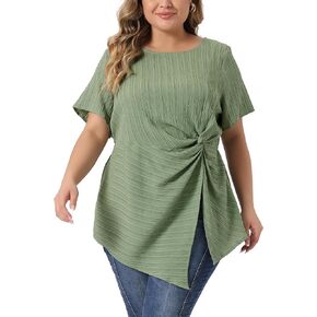 Agnes Orinda Plus Size Tops for Women Asymmetrical Hem Round Neck Short Sleeve Twist Knot T Shirt Top