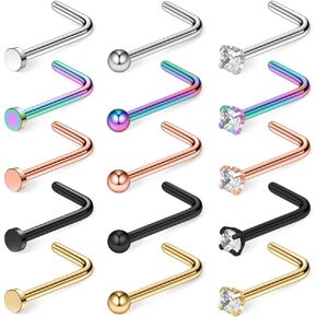 Ruifan 18G Surgical Steel Flat Ball Clear Diamond CZ Nose Stud Rings Bone L-Shaped Screw Piercing Jewelry 15PCS