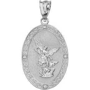 925 Sterling Silver Saint Michael The Archangel CZ Oval Medal Pendant (1")