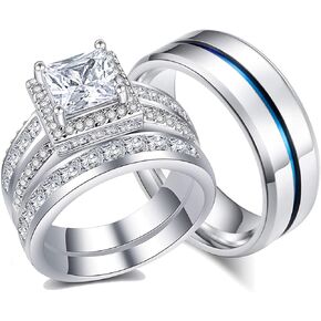 18k Gold Plated Princess Wedding Ring Sets for Him and Her Women Men Titanium Stainless Steel Bands 3.0Ct Cz Couple Rings