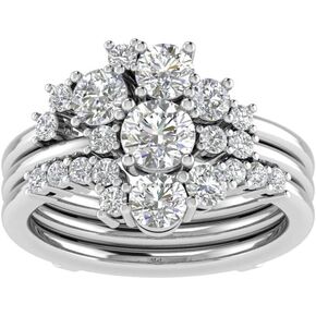 TwoBirch Floral Design Off Center Ring Guard and Engagement Ring Bridal Set (2 Rings) Diamond Simulant White Gold