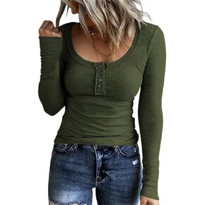 FANGJIN Women's Long Sleeve Shirts Square Henley Neck Trendy Clothes Tops Tunic