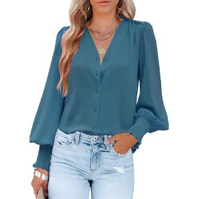 Aifer Womens Blouse Lantern Long Sleeve Dressy Casual Tops V Neck Button Down Shirts Blouses 2024