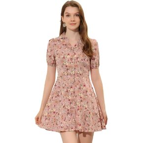 Allegra K Women's Button Up Short Sleeve A-Line Chiffon Vintage Floral Shirt Dress