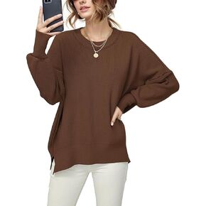 Womens Oversized Pullover Sweaters Batwing Sleeve Crew Neck Side Slit Knit Ribbed Fall Sweater Tops
