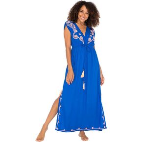 Back From Bali Womens Long Maxi Dress Boho Embroidered Sleeveless Summer Sundress Deep V Neck