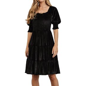 R.Vivimos Womens Fall Winter Velvet Casual Dress Puff Sleeve Square Neck Elastic Smocked A-Line Swing Flowy Knee Length Dress