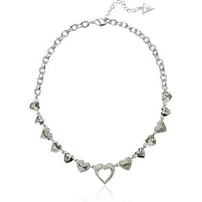 GUESS Silvertone Pave Crystal Glass Stone Heart Chain Necklace