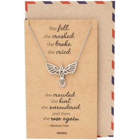 Quan Jewelry Phoenix Pendant Women Necklace, Bird Charm with Motivational Quote Card, Silver-tone - 100% Handmade