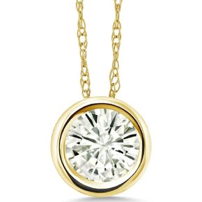 14K Yellow Gold White Moissanite from Charles & Colvard Pendant Necklace For Women (0.80 Cttw, Gemstone, Round 6MM, with 18 Inch Chain)