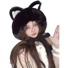 Winter Cute Faux Fur Beanie Hat Women Fox Cat Ear Furry Bucket Hat Cover with Earflap Pompom Russian Warm Plush Trapper Hat