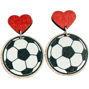 Wooden Love Heart MOM Earrings Sport Ball Baseball Basketball Volleyball Football Earrings Lightweight Stud Earrings Mother’s Day Jewelry Gift