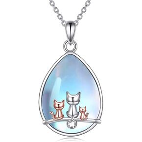 POPLYKE Cat/Family Cat Necklace for Women Girls 925 Sterling Silver Celtic Moon Cat Wiccan Jewelry Giftsfor Wife