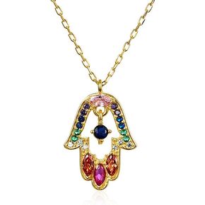 Alef Bet by Paula Colorful Gold Hamsa Necklace for Women with Colorful Cubic Zirconia Gemstones