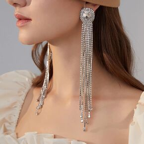 Xerling Extra Long Rhinestones Tassel Earrings Bridal Fringe Chandelier Gold Statement Earrings for Women Sparkling Crystal Dangle Drop Earrings for Girls (Gold)