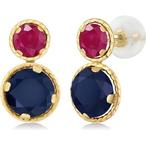 Gem Stone King 14K Yellow Gold Blue Sapphire and Red Ruby Earrings For Women (2.90 Cttw, Gemstone September Birthstone, Round Cut 6MM and 4MM)