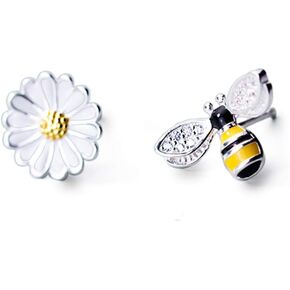 Honey Bee and Dasiy Flower Stud Earrings Sterling Silver Irregular Sweet Earring Studs Ear Piercing Personality for Women Teen Girls
