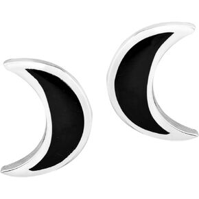 AeraVida Adorable Simulated Black Onyx Inlay Crescent Moon Shaped .925 Sterling Silver Stud Earrings | Casual Sterling Silver Stud Earring for Women | Jewelry Gift for All Occasions