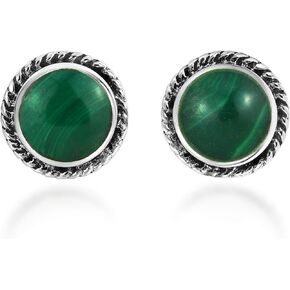 AeraVida Boho Round Button Malachite .925 Sterling Silver Stud Earrings | Green Malachite Stud Earrings | Sterling Silver Stud Earrings for Women | Boho Stud Earrings for Women Sterling Silver