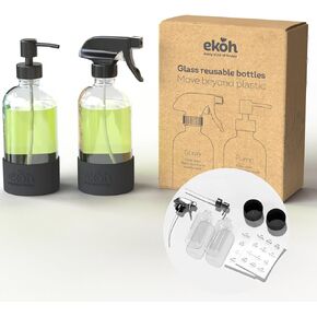 EKOH 2 Pack Glass Countertop Soap Dispensers - Refillable & Reusable with Silicone Protective Base and Preprinted Labels - for Kitchen and Bathroom (Clear)