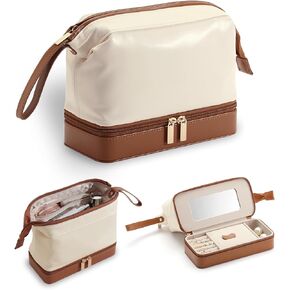 2-In-1 Jewelry Box and Makeup Bag with Mirror - Versatile Travel Jewelry Holder Organizer Cosmetic Bag, Portable Toiletry Bag with Integrated Jewelry Makeup Case for Women Men (White & Brown)