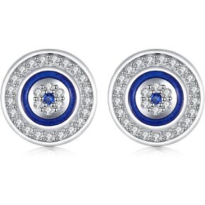 Round Blue Evil Eye Stud Earrings Dia.10mm Sterling Silver 925 Blue White Cubic Zirconia with Enamel