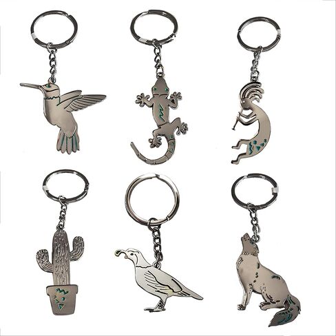 مجموعة سلاسل مفاتيح هدايا تذكارية من أريزونا مكونة من 6 قطع (فضية) - تصميمات متنوعة مستوحاة من صحراء سونوران في الجنوب الغربي - فكرة هدية - تصميم أمريكي أصلي - لمسة نهائية باللون الفيروزي in Kuwait