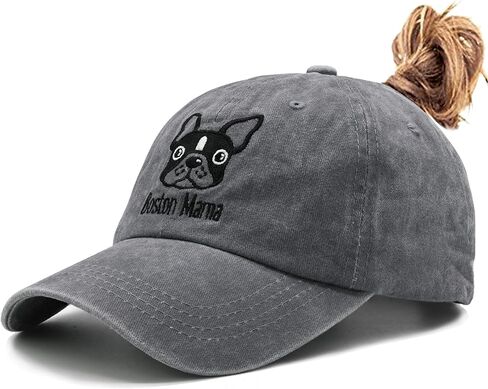 قبعة Waldeal Boston Terrier Mama على شكل ذيل حصان قابلة للتعديل مطرزة ومغسولة، قبعة بيسبول للنساء باللون الرمادي in Kuwait