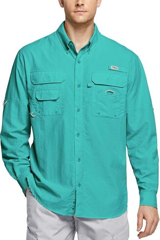 قميص صيد الأسماك عالي الأداء للرجال من TSLA، قمصان بعامل حماية من الأشعة فوق البنفسجية 50+ مسامية بأزرار سفلية، قميص بأكمام طويلة للترفيه في الهواء الطلق in Kuwait