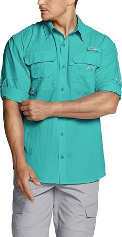 قميص صيد الأسماك عالي الأداء للرجال من TSLA، قمصان بعامل حماية من الأشعة فوق البنفسجية 50+ مسامية بأزرار سفلية، قميص بأكمام طويلة للترفيه في الهواء الطلق in Kuwait