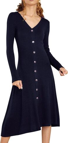 R.Vivimos Women's Winter Cotton Long Sleeves V-Neck Casual Button Down Knit Sweater Midi Dress in Saudi Arabia