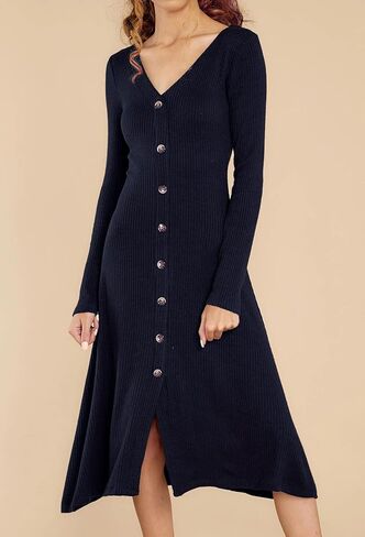 R.Vivimos Women's Winter Cotton Long Sleeves V-Neck Casual Button Down Knit Sweater Midi Dress in Saudi Arabia