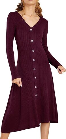 R.Vivimos Women's Winter Cotton Long Sleeves V-Neck Casual Button Down Knit Sweater Midi Dress in Saudi Arabia