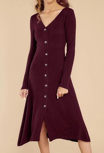 R.Vivimos Women's Winter Cotton Long Sleeves V-Neck Casual Button Down Knit Sweater Midi Dress in Saudi Arabia