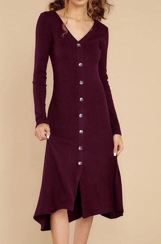 R.Vivimos Women's Winter Cotton Long Sleeves V-Neck Casual Button Down Knit Sweater Midi Dress in Saudi Arabia