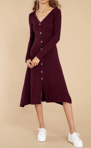 R.Vivimos Women's Winter Cotton Long Sleeves V-Neck Casual Button Down Knit Sweater Midi Dress in Saudi Arabia