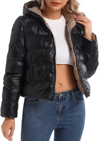 سترة منتفخة سوداء اللون بغطاء للرأس على الجانبين مع غطاء للرأس وجيوب in Kuwait