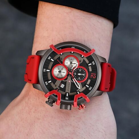 Mens Watches Red Big Face Sport Chronograph Analog Quartz Watch Fashion Military Silicone Strap Waterproof Calendar Wristwatch in Saudi Arabia