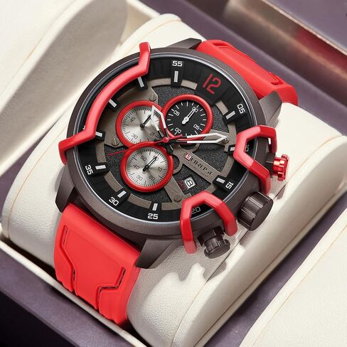 Mens Watches Red Big Face Sport Chronograph Analog Quartz Watch Fashion Military Silicone Strap Waterproof Calendar Wristwatch in Saudi Arabia