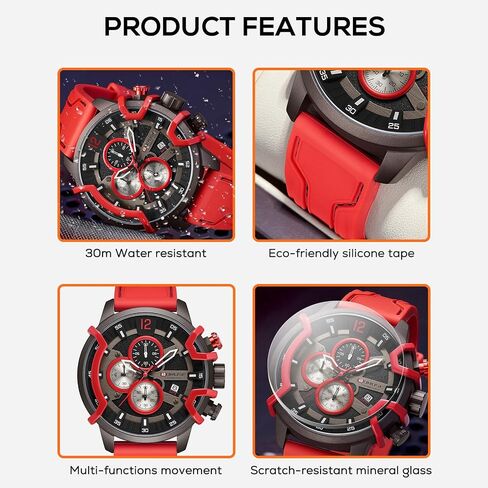 Mens Watches Red Big Face Sport Chronograph Analog Quartz Watch Fashion Military Silicone Strap Waterproof Calendar Wristwatch in Saudi Arabia