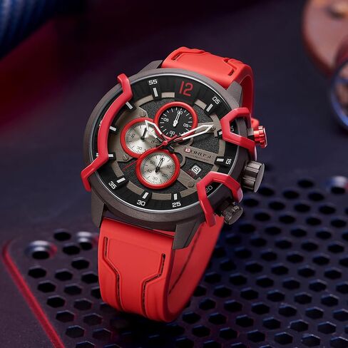 Mens Watches Red Big Face Sport Chronograph Analog Quartz Watch Fashion Military Silicone Strap Waterproof Calendar Wristwatch in Saudi Arabia
