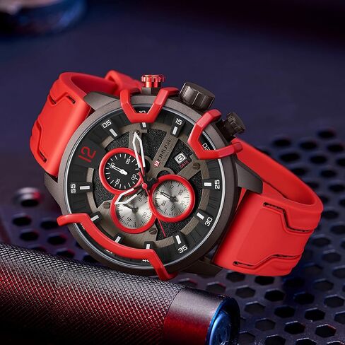 Mens Watches Red Big Face Sport Chronograph Analog Quartz Watch Fashion Military Silicone Strap Waterproof Calendar Wristwatch in Saudi Arabia