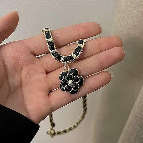 حرف 5 قلادة الوردة السوداء قلادة طويلة قلادة كاميليا قلادة جلدية قلادة نسائية سلسلة مجوهرات أنيقة إكسسوارات حجر الراين مناسبة لحفلات العطلات وحفلات الزفاف in Kuwait