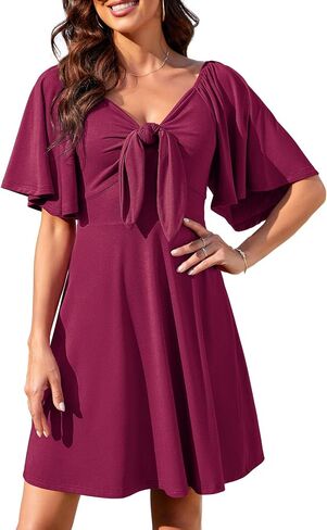 Actcat Women's Dress Deep V-Neck Elegant Bow tie Short Sleeve Mini Swing Loose Dresses in Kuwait
